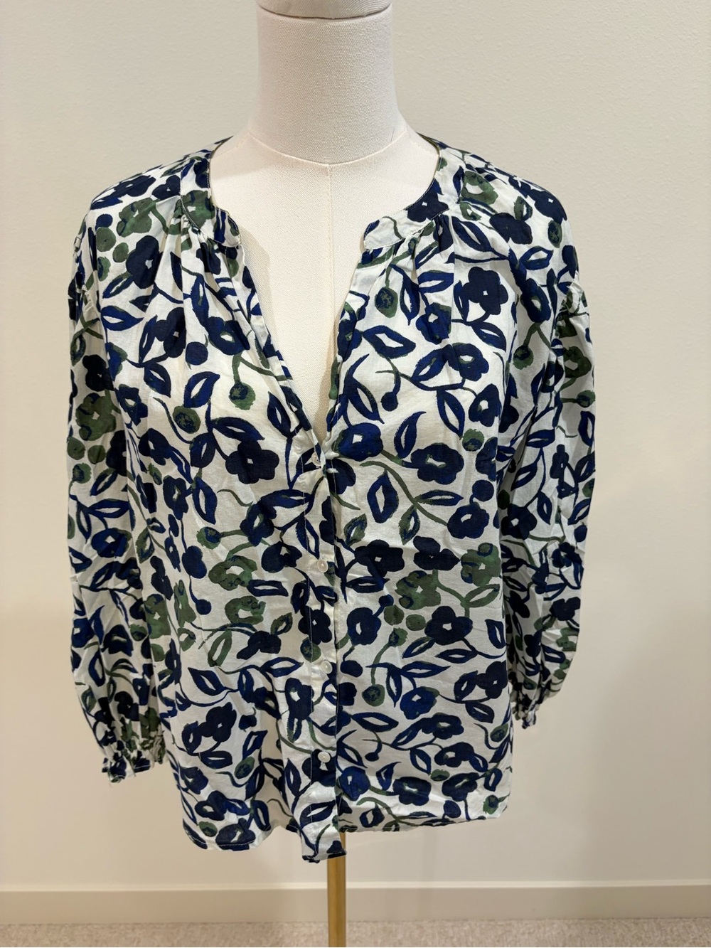 Velvet by Graham & Spencer Navy and Olive Floral Button-Front Blouse